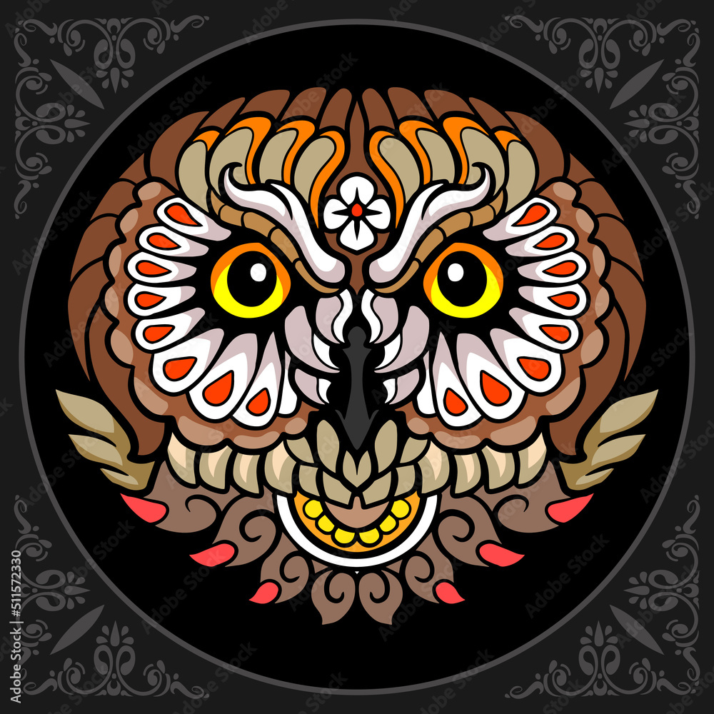 Colorful owl head zentangle arts. isolated on black background. Colorful owl head zentangle arts. isolated on black background.
