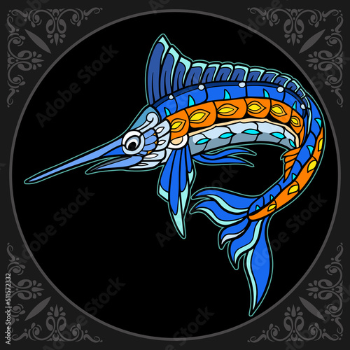 Colorful marlin fish zentangle arts, isolated on black background
