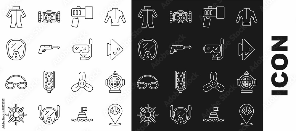 Set line Scallop sea shell, Aqualung, Fish, Flashlight, Fishing harpoon, Diving mask, Wetsuit and and snorkel icon. Vector