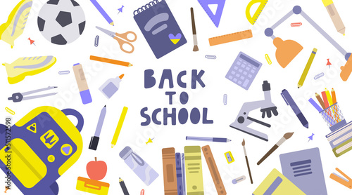 Back to school text and school stuff vector illustration. Collection of flat stationery supplies, cute backpack, books, pens, ball, microscope, lamp, pen holder. Cartoon set of objects for student