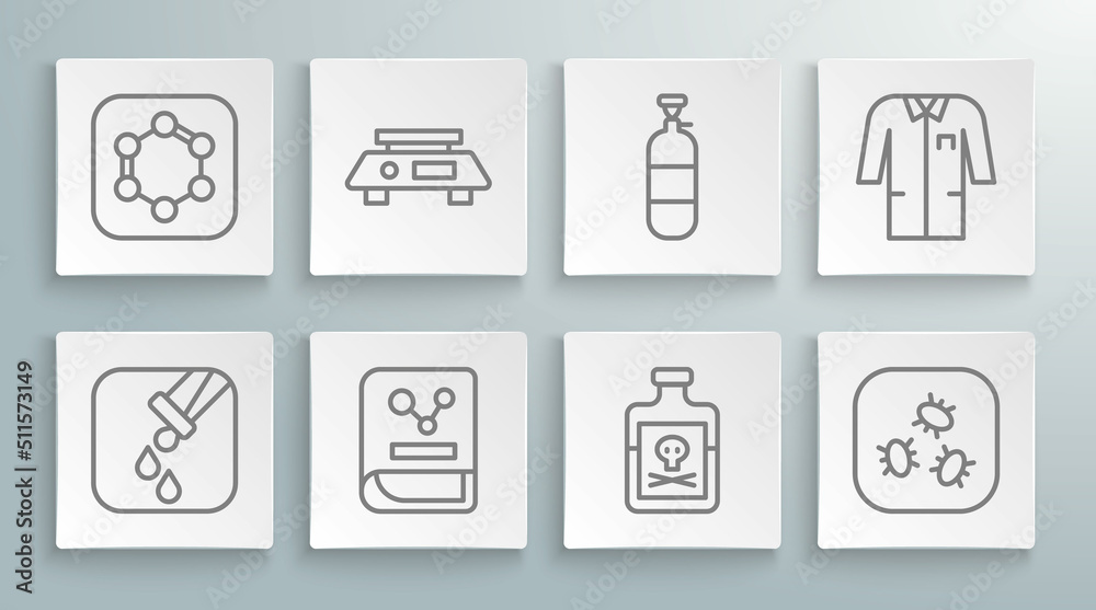 Set line Test tube and flask, Electronic scales, Chemistry book, Poison in bottle, Bacteria, Propane gas tank, Laboratory uniform and Formula of benzene rings icon. Vector Set line Test tube and flask, Electronic scales, Chemistry book, Poison in bottle, Bacteria, Propane gas tank, Laboratory uniform and Formula of benzene rings icon. Vector