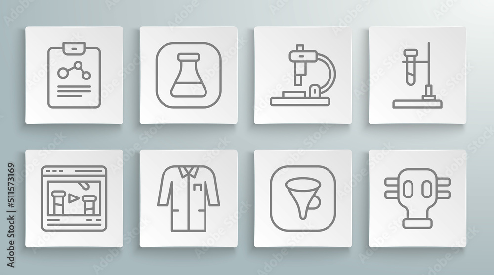 Set line Chemical online, Test tube and flask, Laboratory uniform, Funnel filter, Gas mask, Microscope, fire and Chemistry report icon. Vector Set line Chemical online, Test tube and flask, Laboratory uniform, Funnel filter, Gas mask, Microscope, fire and Chemistry report icon. Vector