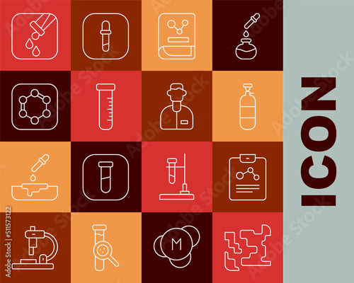 Set line Gaseous, Chemistry report, Propane gas tank, book, Test tube and flask, Formula of benzene rings, and Laboratory assistant icon. Vector