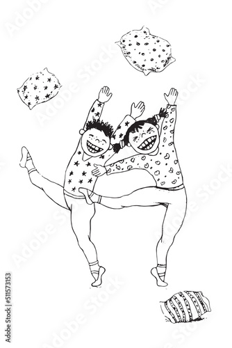 Cheerful children in pajamas throw pillows. Vector black outline on a white background. For invitation, coloring book pages
