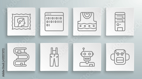 Set line Book, Binary code, Pants with suspenders, Robot, School backpack, Waistcoat, Computer and Postal stamp icon. Vector