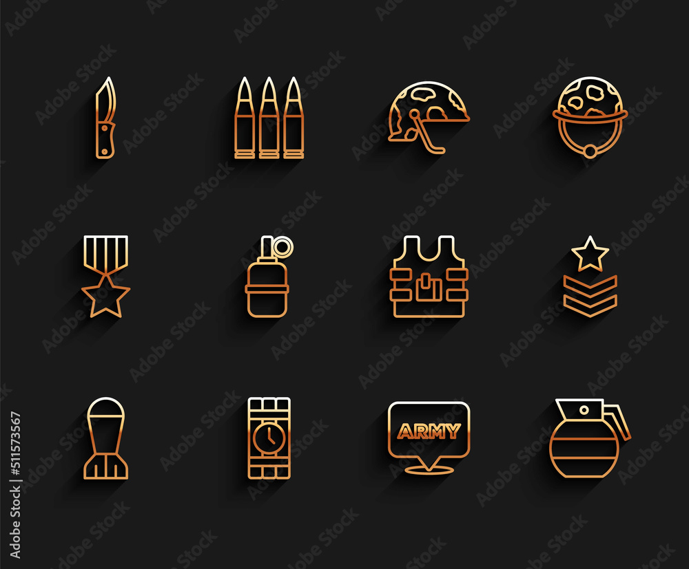 Set line Aviation bomb, Dynamite and timer clock, Military knife, army, Hand grenade, rank and Bulletproof vest icon. Vector Set line Aviation bomb, Dynamite and timer clock, Military knife, army, Hand grenade, rank and Bulletproof vest icon. Vector