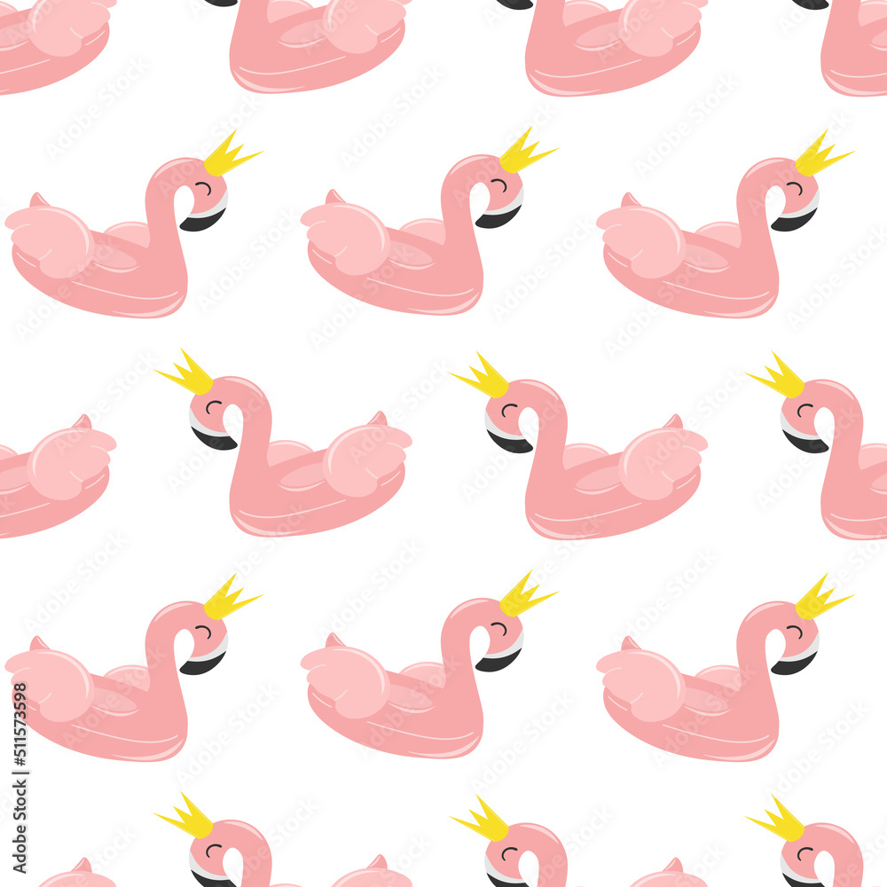 Obraz premium Seamless pattern with summer element: inflatable circle in the form of pink flamingo. Summer beach party. Vector image.