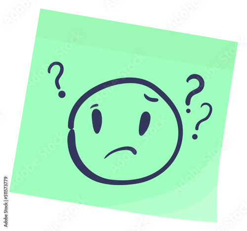 Face doodle with question mark on green sticky note