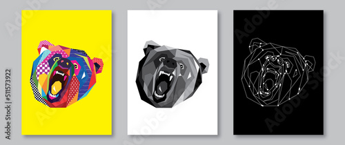 colorful bear,  bear vector, bear poly, bear illustration, bear logo colorful with geometric lines, dots pattern