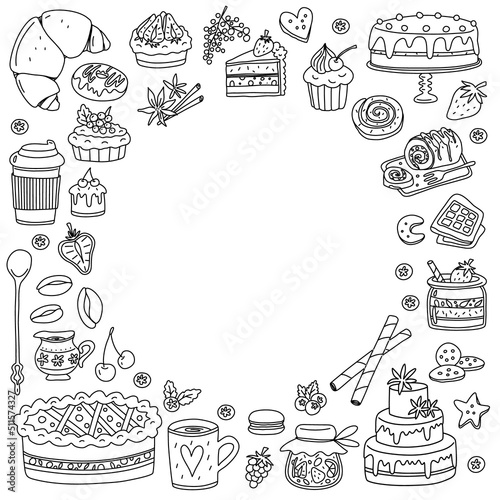 Desserts and bakery goods. Doodle elements. Vector round frame.