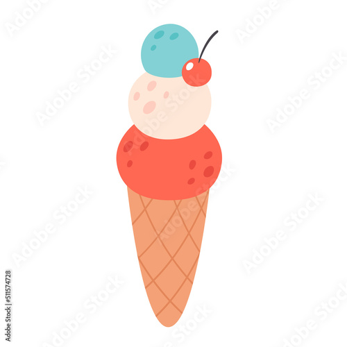 Ice cream scoops in cup with different flavors, toppings and cherry. Summertime, hello summer. Hand drawn vector illustration