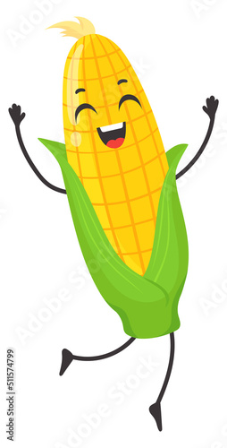 Happy corncob character. Cartoon joyfull corn icon