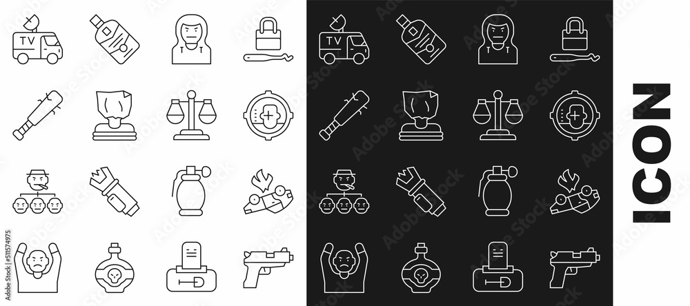 Set line Pistol or gun, Burning car, Headshot, Thief mask, Kidnaping, Baseball bat with nails, TV News and Scales of justice icon. Vector Set line Pistol or gun, Burning car, Headshot, Thief mask, Kidnaping, Baseball bat with nails, TV News and Scales of justice icon. Vector
