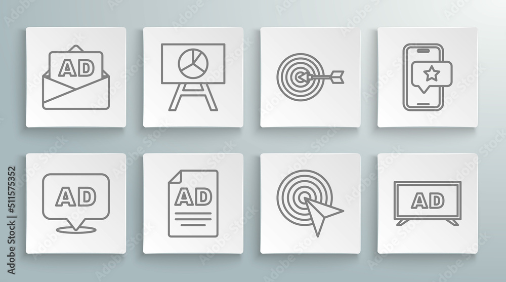 Set line Advertising, Board with graph chart, Target, Mobile review rating and icon. Vector Set line Advertising, Board with graph chart, Target, Mobile review rating and icon. Vector