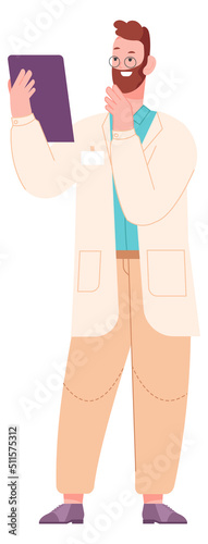 Man thinking about scientific document. Lab coat scientist character