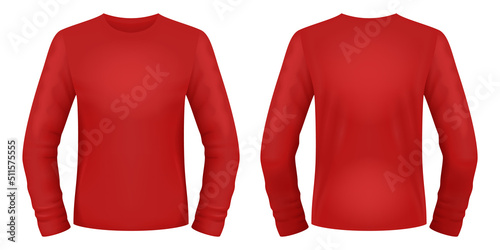 Blank red long sleeve t-shirt template. Front and back views. Vector illustration.