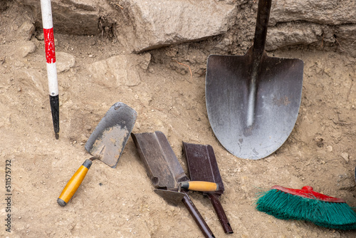 different tools in an archaeological excavation photo