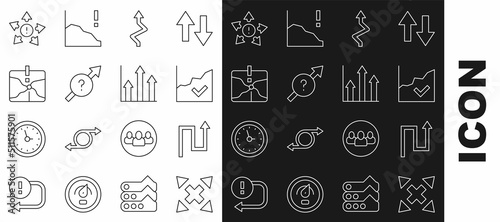 Set line Many ways directional arrow, Arrow, Financial growth increase, Intersection point, and Pie chart infographic icon. Vector
