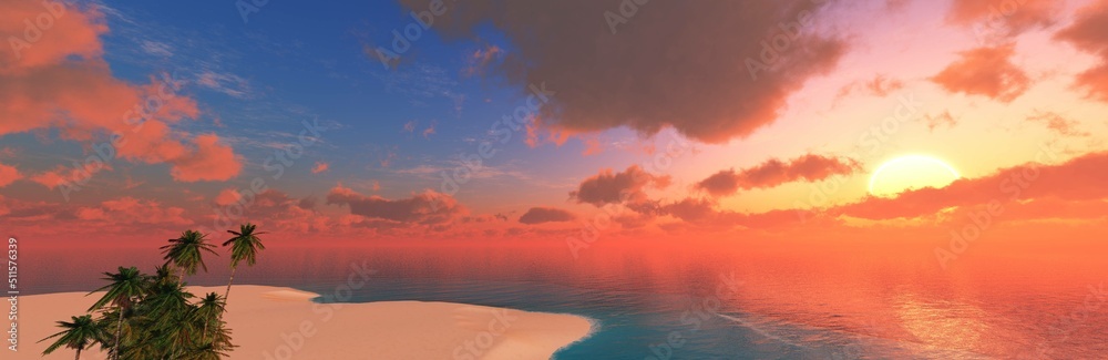 Beautiful sunset, sea sunrise, sunset over the ocean, sunset on the beach, 3d rendering