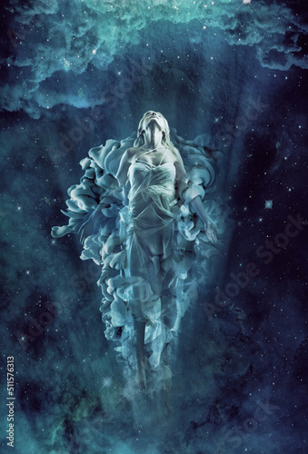 We are all made of stardust. Illustration of a ethereal woman floating in the night sky. © Thurstan Hinrichsen/peopleimages.com