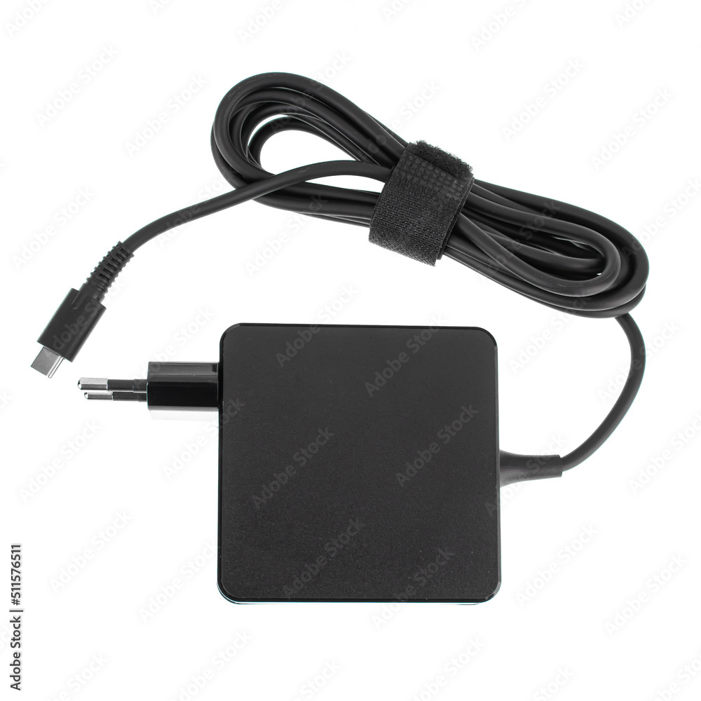 laptop power adapter, laptop spare part, on white background, top view laptop power adapter, laptop spare part, on white background, top view