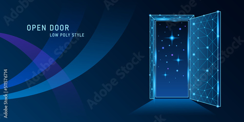 open door low poly in starry sky on dark blue background