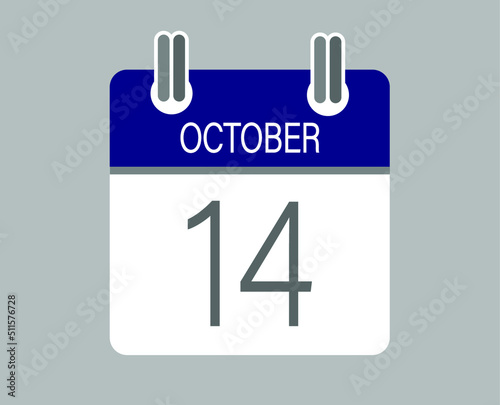 Day 14 october. Blue calendar for days of the month in october. Calendar page template.