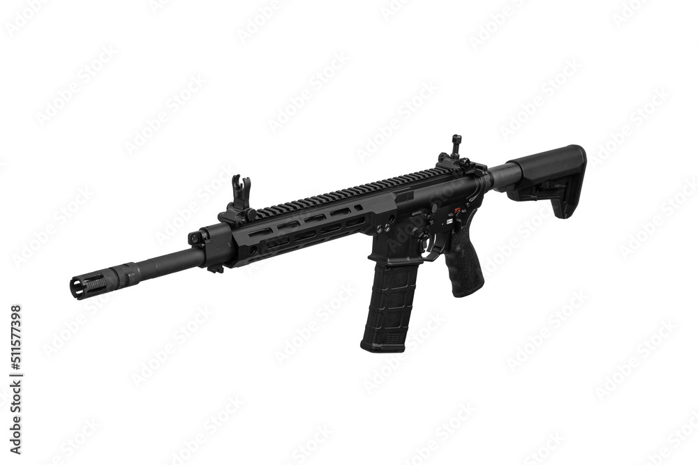 Modern automatic rifle isolated on white background. Weapons for police, special forces and the army. Automatic carbine with mechanical sights. Assault rifle on white back.