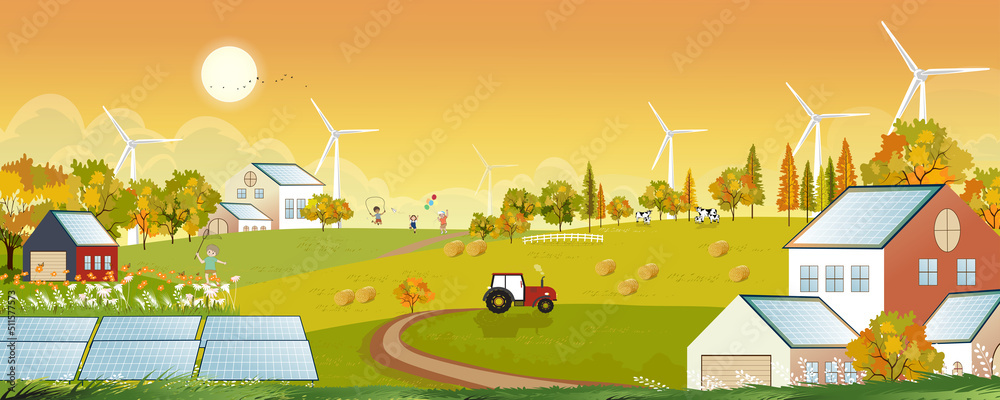 Autumn landscape with Solar panels wind turbines installed as renewable station an energy sources for electricity and power supply.Environmental friendly energy.Solar farm in sunset on Countryside