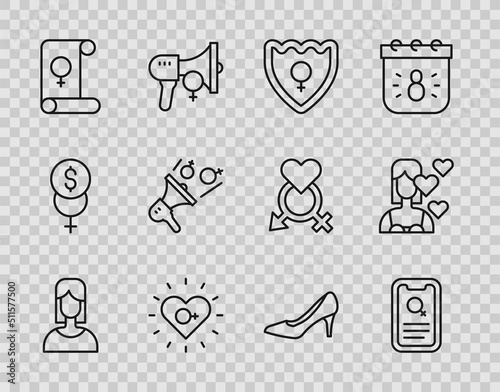 Set line Female, Dating app, Gender shield,, Feminism, Feminist activist, Woman shoe and Love yourself icon. Vector