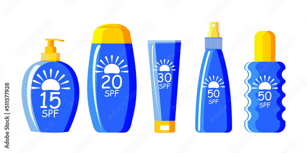 Blue tube with yellow cap of sunscreen SPF 15, 20, 30 and 50 on a white background. A set of cosmetics with UV protection. Vector. Blue tube with yellow cap of sunscreen SPF 15, 20, 30 and 50 on a white background. A set of cosmetics with UV protection. Vector.
