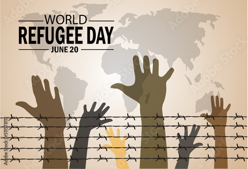 World Refugee Day Human right day concept: Silhouette refugee hands raising with world map and barbed wire on background photo