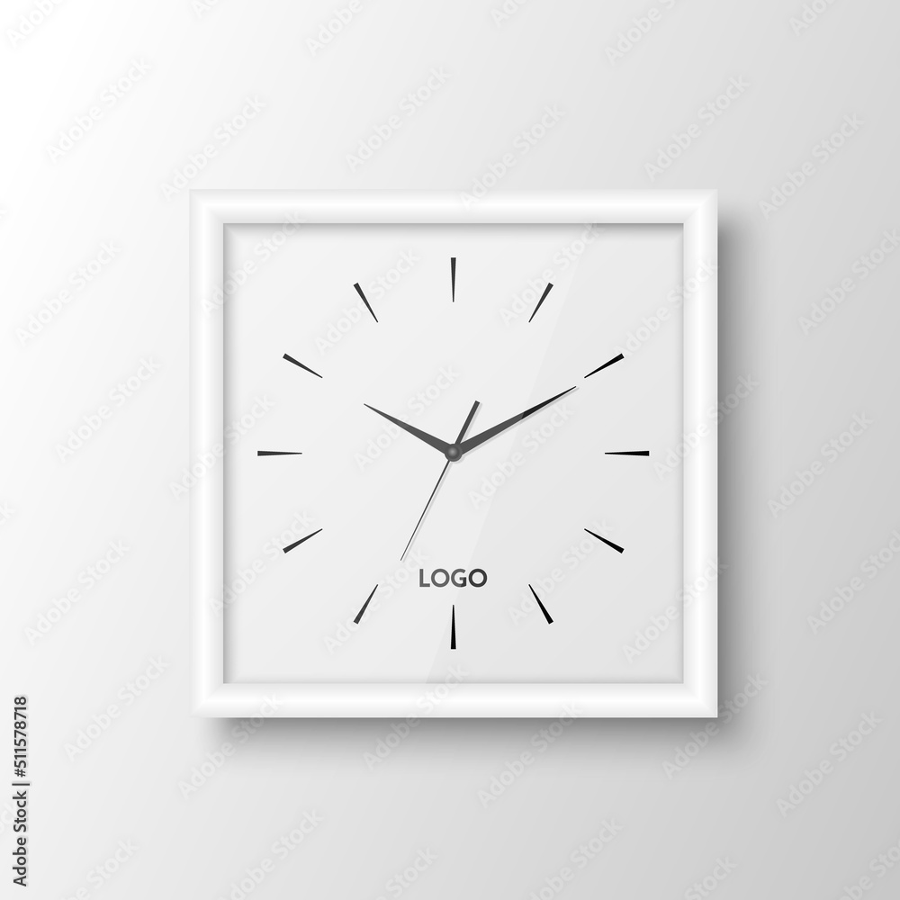 Vector 3d Realistic Square White Wall Office Clock Design Template Isolated on White. Dial with Roman Numerals. Mock-up of Wall Clock for Branding and Advertise Isolated. Clock Face Design Vector 3d Realistic Square White Wall Office Clock Design Template Isolated on White. Dial with Roman Numerals. Mock-up of Wall Clock for Branding and Advertise Isolated. Clock Face Design