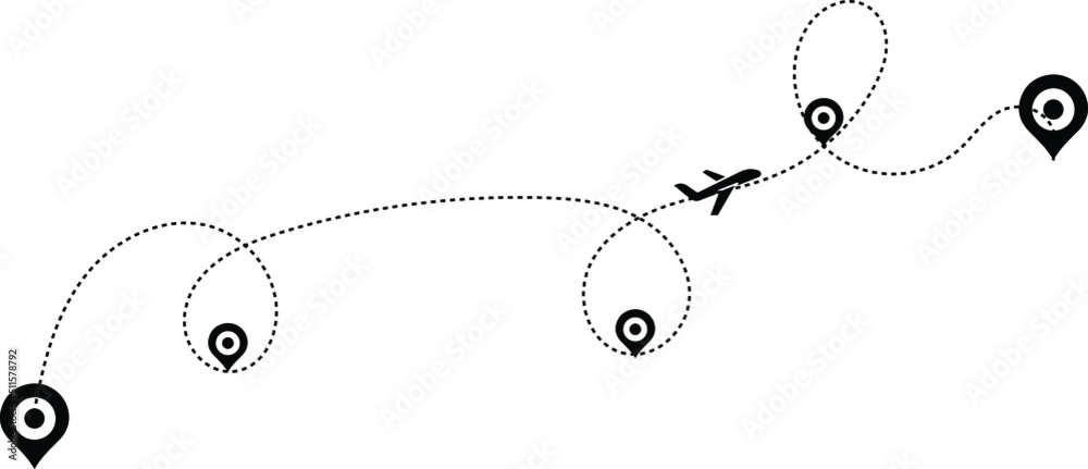 Fototapeta premium Airplane path in a dotted line. airplane and dash line trace. Travel and tourism concept. Aircraft tracking. location pins isolated 