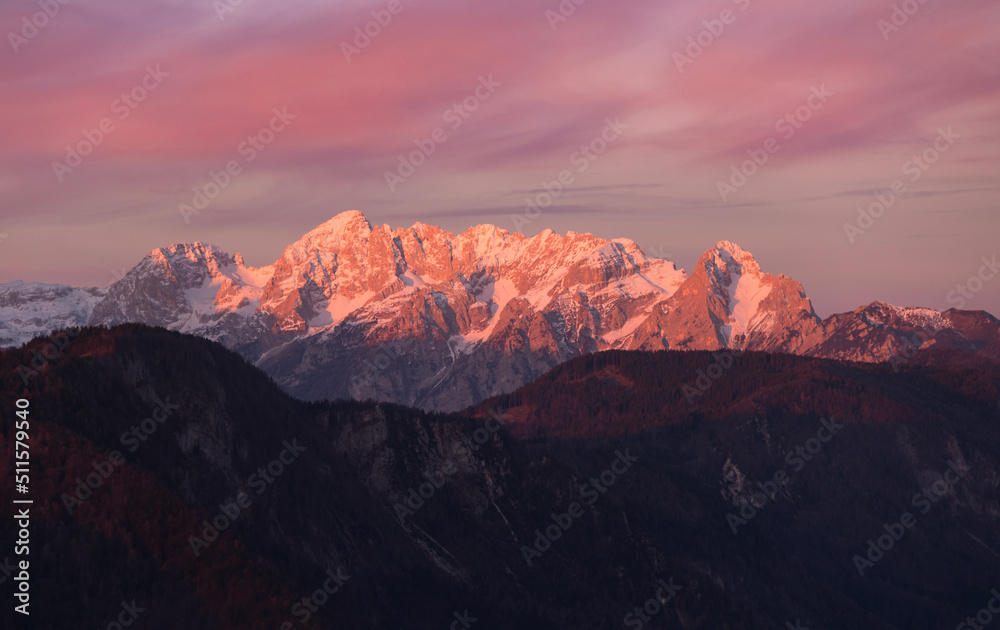 Sunrise in the mountains in Julian Alps