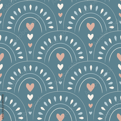 Blue boho seamless pattern with arches and hearts. Vector background in modern bohemian style perfect for scrapbooking, textile, wrapping paper and stationery for kids and adults