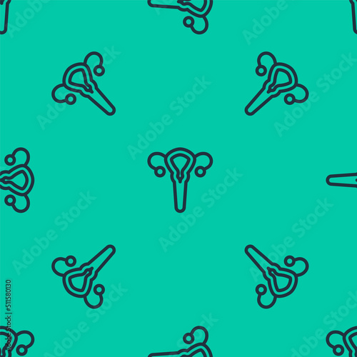 Blue line Female reproductive system icon isolated seamless pattern on green background. Anatomy. Gynecology. Woman health. Vector