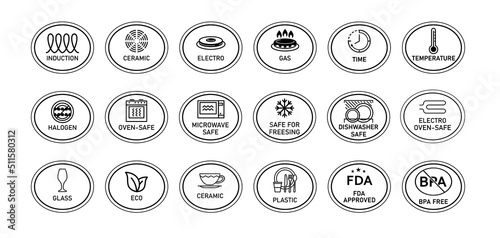 A large set of cookware labeling icons in an oval frame. Induction, gas, microwave, FDA approved, BPA free, etc. To indicate a surface, coating. Vector illustration