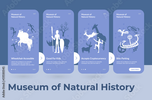 Museum natural history mobile application stages landing page collection realistic template vector
