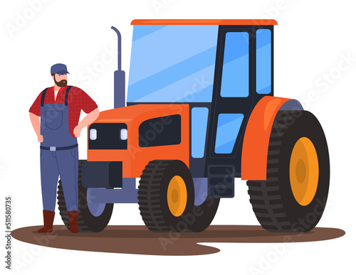 Agricultural man tractor driver standing near transportation vector flat illustration