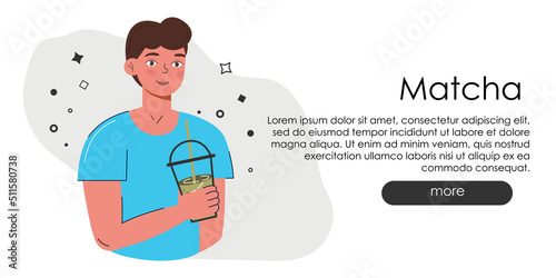 Adorable website page with Matcha. Hand draw green drink website idea. Japanese tea culture. Matcha latte is a healthy drink.Coffee shop main page in greenish colors.