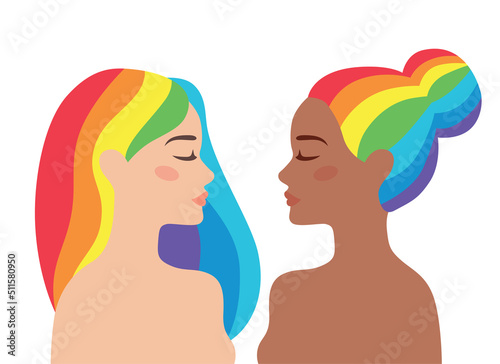 LGBT gay girls couple with rainbow hair. Pride flag. Lesbian female. Different ethnicity homosexual woman in love. LGBTQ concept. Sticker, patch, t-shirt print, logo design.