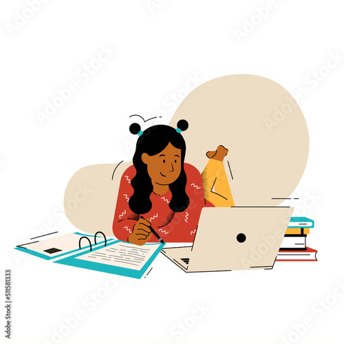 A girl who is engaged in online education at home on the floor in a cozy environment