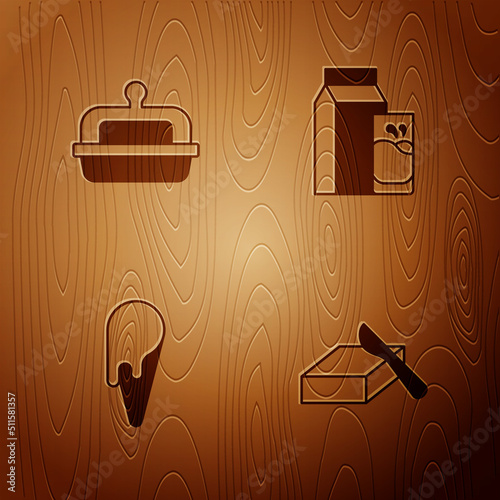 Set Butter in a butter dish, , Ice cream waffle cone and Paper package for kefir on wooden background. Vector