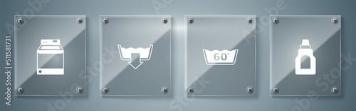 Set Bottle for cleaning agent, Temperature wash, Washing modes and Washer. Square glass panels. Vector