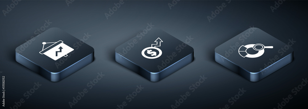 Set Isometric Board with graph, Search data analysis and Financial growth dollar icon. Vector Set Isometric Board with graph, Search data analysis and Financial growth dollar icon. Vector