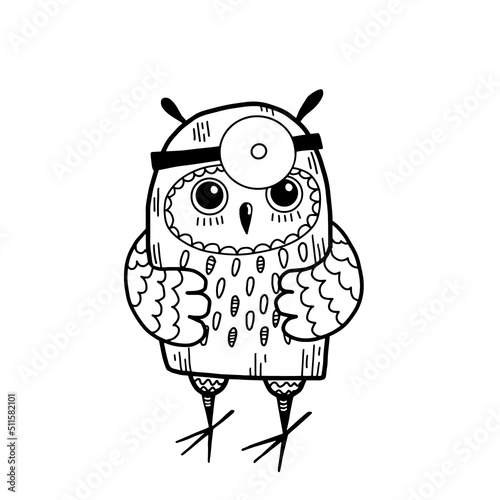 Happy Doctor's Day. Owl in the form of a otolaryngologist. Vector hand drawn cartoon illustration.
