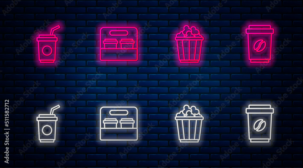 Set line Coffee cup to go, Popcorn in box, Paper glass with straw and . Glowing neon icon on brick wall. Vector Set line Coffee cup to go, Popcorn in box, Paper glass with straw and . Glowing neon icon on brick wall. Vector