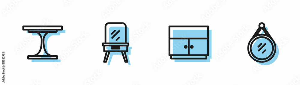 Set line Wardrobe, Round table, Dressing and Mirror icon. Vector Set line Wardrobe, Round table, Dressing and Mirror icon. Vector