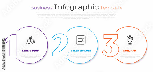 Set line Hierarchy organogram chart, Camera and Online working. Business infographic template. Vector